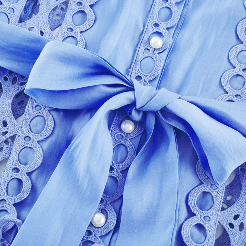 Alba Blue Cotton Mini Dress with Cut-Out Design and Belted Waist