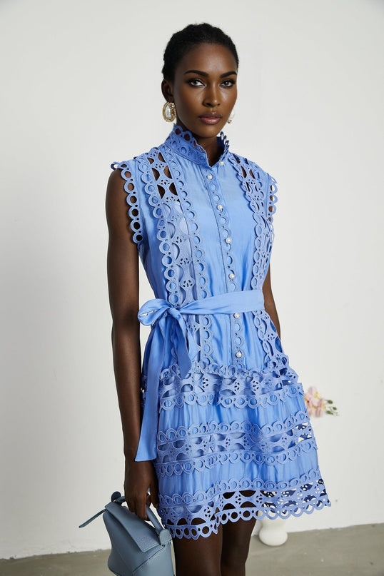 Alba Blue Cotton Sleeveless Mini Dress with Cut-Out Design and Belted Waist