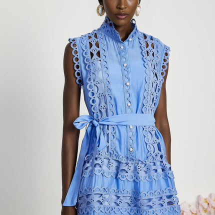 Alba Blue Cotton Sleeveless Mini Dress with Cut-Out Design and Belted Waist