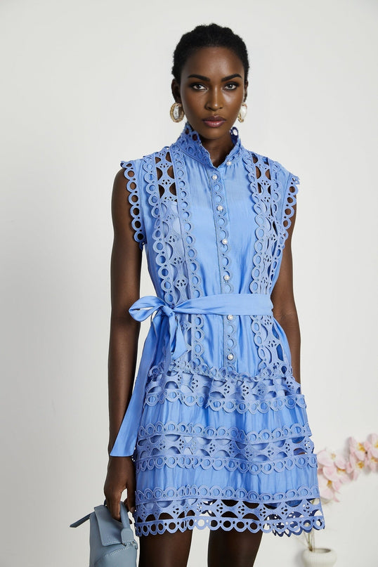 Alba Blue Cotton Sleeveless Mini Dress with Cut-Out Design and Belted Waist