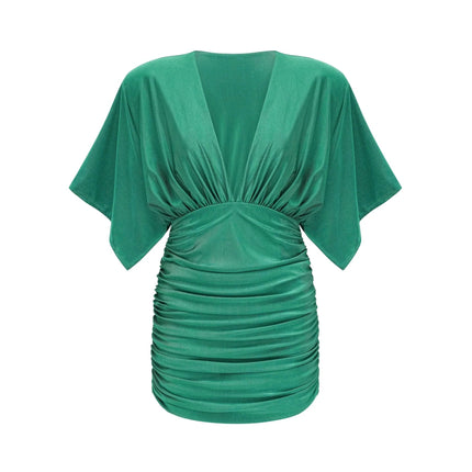 Alba Emerald Green Mini Dress Ruched V-neck Gloves Set