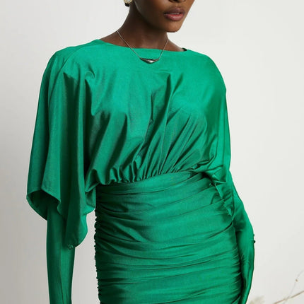 Alba Emerald Green Mini Dress Ruched V-neck Gloves Set