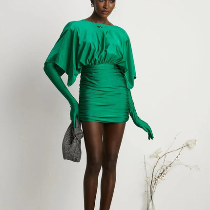 Alba Emerald Green Mini Dress Ruched V-neck Gloves Set
