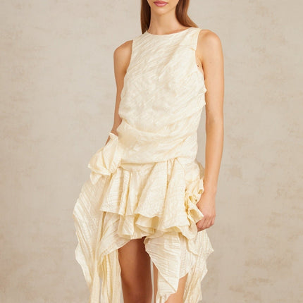Alba Mini Dress Multicolor Neutrals Asymmetrical Floral Ruffles Sleeveless Round neck Cinched waist Pressed creases 3D-petal detailing Ruffled accents Asymmetrical hem Rear zip fastening Mini length Terylene fiber elegance sophistication