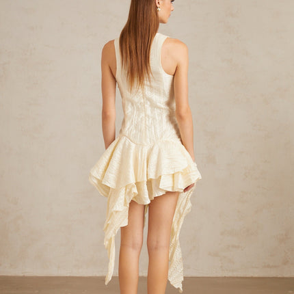 Alba Mini Dress Multicolor Neutrals Asymmetrical Floral Ruffles Round Neck Cinched Waist Pressed Creases 3D-petal Detailing Ruffled Accents Asymmetrical Hem Rear Zip Fastening Mini Length Terylene Fiber