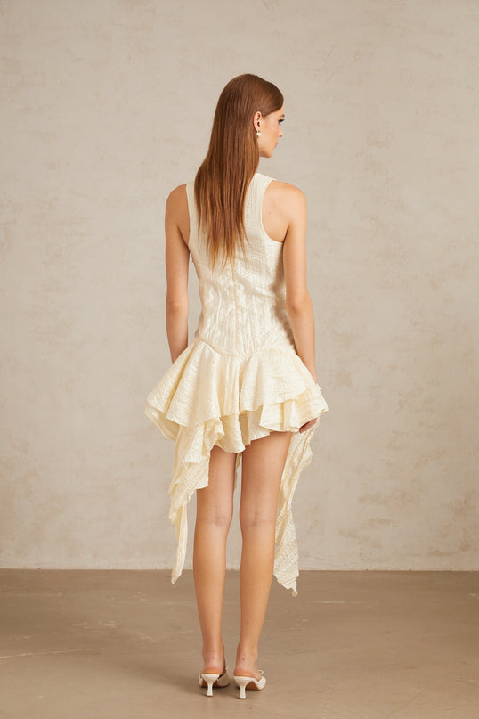 Alba Mini Dress Multicolor Neutrals Asymmetrical Floral Ruffles Round Neck Cinched Waist Pressed Creases 3D-petal Detailing Ruffled Accents Asymmetrical Hem Rear Zip Fastening Mini Length Terylene Fiber