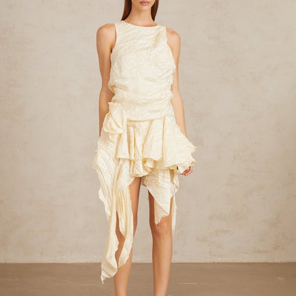 Alba Mini Dress Multicolor Neutrals Asymmetrical Floral Ruffles Round neck Cinched waist Pressed creases 3D-petal detailing Ruffled accents Asymmetrical hem Rear zip fastening Mini length Terylene fiber