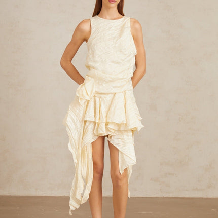 Alba Mini Dress in Multicolor Neutrals Asymmetrical Floral Ruffles Sleeveless Round Neck Cinched Waist Pressed Creases 3D-Petal Detailing Ruffled Accents Asymmetrical Hem Rear Zip Fastening Mini Length 100% Terylene Fiber