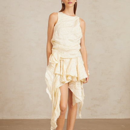 Alba Mini Dress Multicolor Neutrals Asymmetrical Floral Ruffles Sleeveless Round Neck Cinched Waist Pressed Creases 3D-Petal Detailing Ruffled Accents Asymmetrical Hem Rear Zip Fastening Mini Length Terylene Fiber