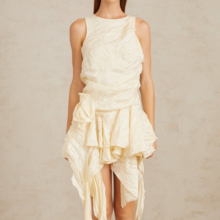 Alba Mini Dress Multicolor Neutrals Asymmetrical Floral Ruffles Round Neck Cinched Waist Pressed Creases 3D-petal Detailing Ruffled Accents Asymmetrical Hem Rear Zip Fastening Mini Length Terylene Fiber