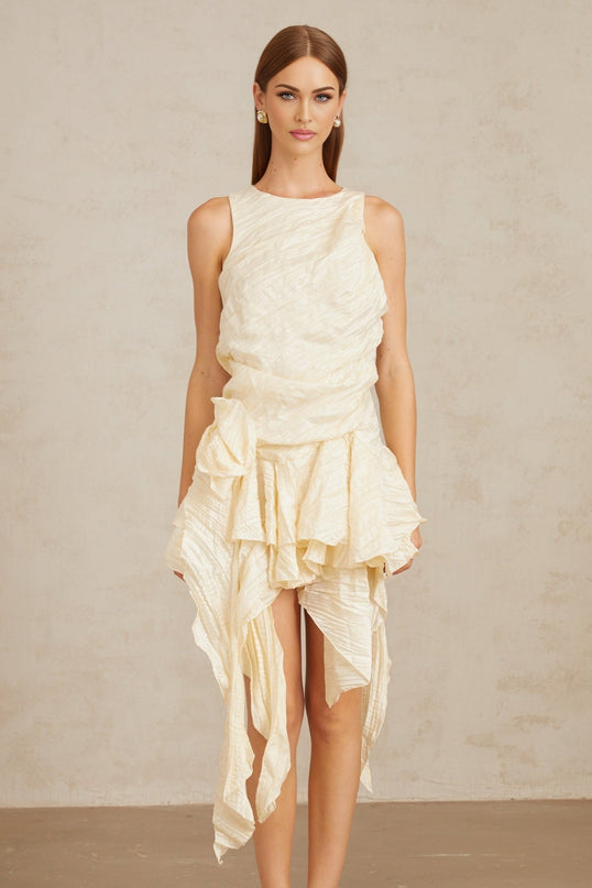 Alba Mini Dress Multicolor Neutrals Asymmetrical Floral Ruffles Round Neck Cinched Waist Pressed Creases 3D-petal Detailing Ruffled Accents Asymmetrical Hem Rear Zip Fastening Mini Length Terylene Fiber