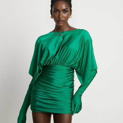 Alba Mini Dress Ruched V-neck Gloves Set in Emerald Green satin finish fabric