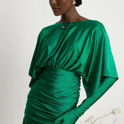Alba Mini Dress Ruched V-neck Gloves Set in Emerald Green satin finish fabric