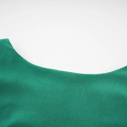 Alba Mini Dress Ruched V-neck Gloves Set in Emerald Green satin finish fabric