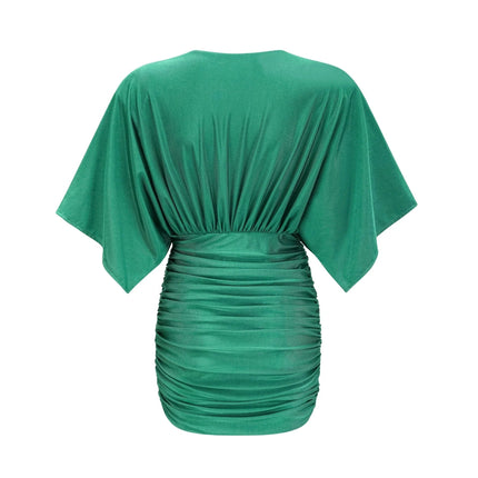 Alba Mini Dress Ruched V-neck Gloves Set in Emerald Green Satin Finish Fabric