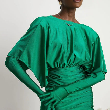 Alba Mini Dress Ruched V-neck Gloves Set in Emerald Green satin finish fabric