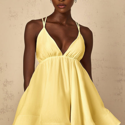Alba Mini Dress in Yellow V-neck Sleeveless Self-Tie Straps Shirred Asymmetrical Flounce Hem Thigh-Length Slip-On Style Tencel Terylene Blend High-Low Silhouette