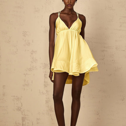 Alba Mini Dress in radiant yellow with plunging V-neck and self-tie cross-over straps