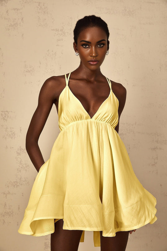Alba Mini Dress in radiant yellow with plunging V-neck and shirred effect