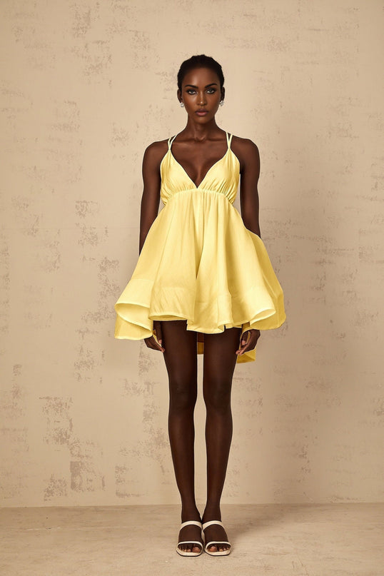 Alba Mini Dress in Radiant Yellow with Plunging V-Neck and Asymmetrical Flounce Hem