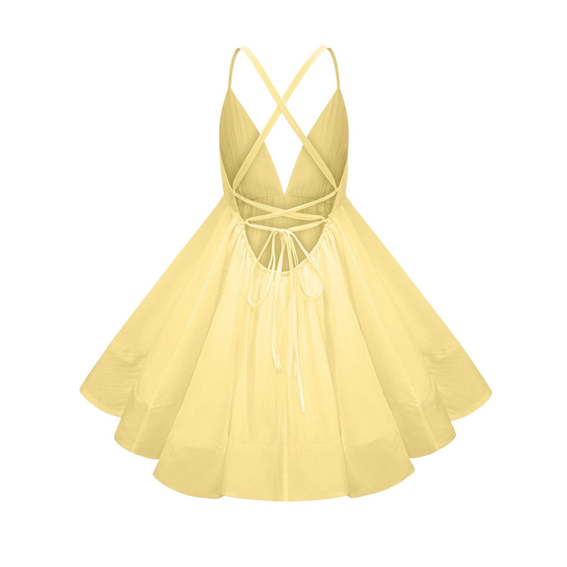 Alba Mini Dress in radiant yellow with V-neck and self-tie cross-over straps