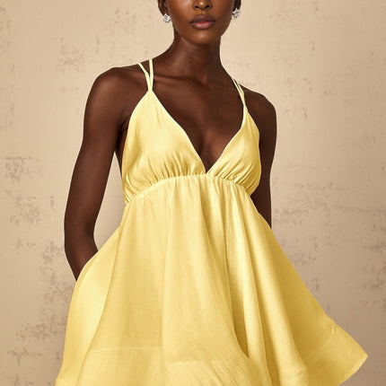 Alba Mini Dress in radiant yellow with plunging V-neck and self-tie cross-over straps