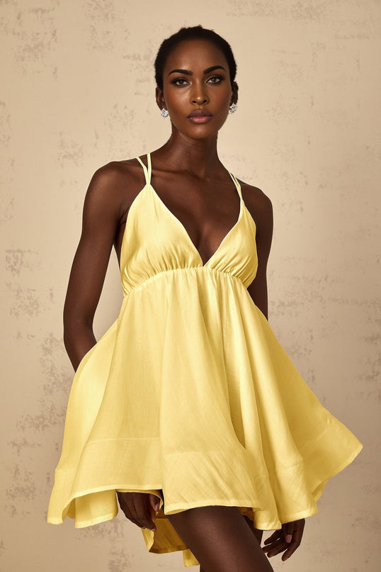 Alba Mini Dress in radiant yellow with plunging V-neck and self-tie cross-over straps