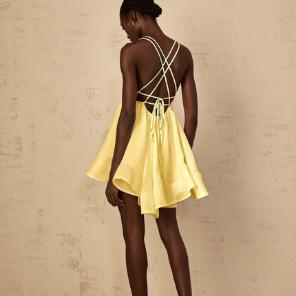 Alba Mini Dress in Yellow V-neck Sleeveless Self-tie Straps Shirred Flounce Hem Thigh-length Slip-on Style Tencel Terylene High-low Silhouette Luxury Statement