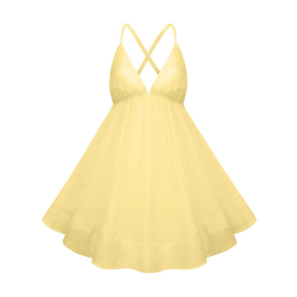 Alba Mini Dress in Radiant Yellow Sleeveless V-Neck Self-Tie Straps Shirred Asymmetrical Flounce Hem Thigh-Length Slip-On Style Luxurious Blend High-Low Silhouette