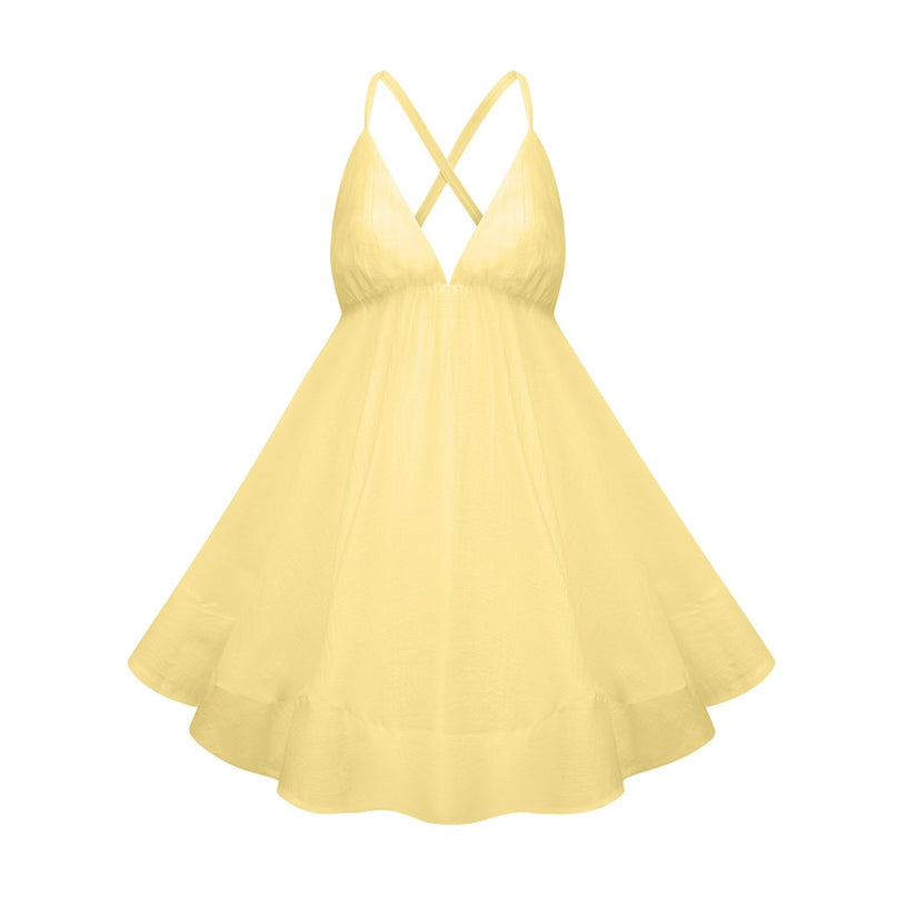 Alba Mini Dress in Radiant Yellow Sleeveless V-Neck Self-Tie Straps Shirred Asymmetrical Flounce Hem Thigh-Length Slip-On Style Luxurious Blend High-Low Silhouette