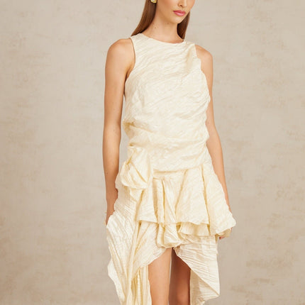 Alba Multicolor Neutrals Asymmetrical Floral & Ruffles Mini Dress