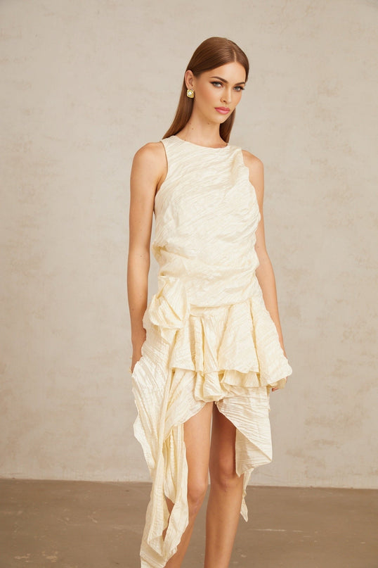 Alba Multicolor Neutrals Asymmetrical Floral & Ruffles Mini Dress