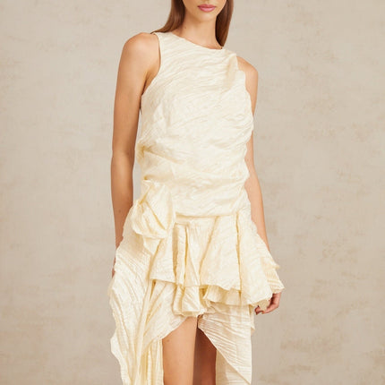 Alba Multicolor Neutrals Asymmetrical Floral Ruffles Mini Dress