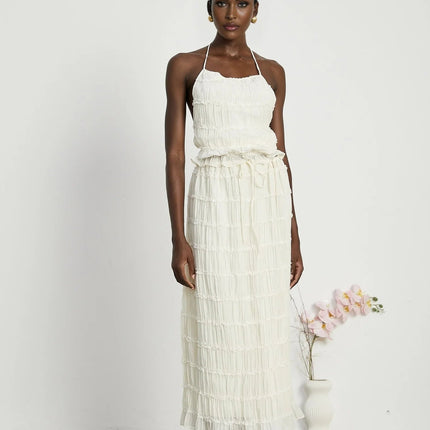 Alba White Pleated Halterneck Top and Floor-Length Skirt Set