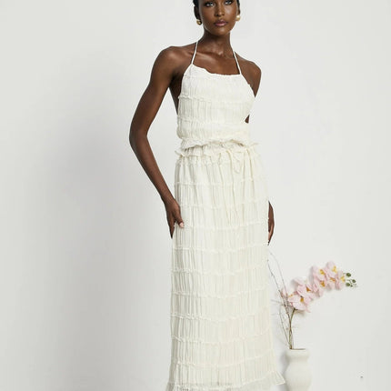 Alba White Pleated Halterneck Top and Ruffled Hem Skirt Set
