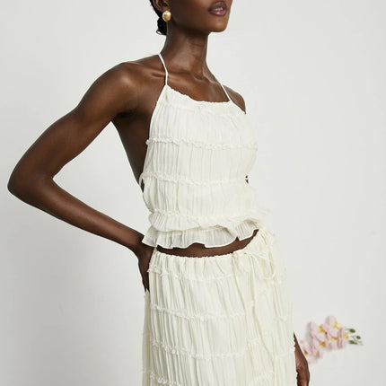 Alba White Pleated Halterneck Top and Ruffled Hem Skirt Set