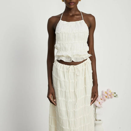 Alba White Pleated Halterneck Top and Ruffled Hem Skirt Set