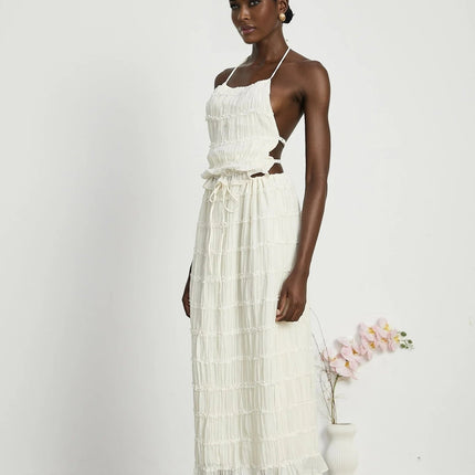 Alba White Pleated Halterneck Top and Ruffled Skirt Set