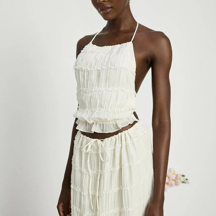 Alba White Pleated Halterneck Top and Floor-Length Skirt Set