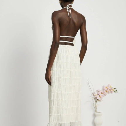 Alba White Pleated Halterneck Top and Floor-Length Skirt Set