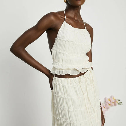Alba White Terylene Halterneck Top and Floor-Length Skirt Set