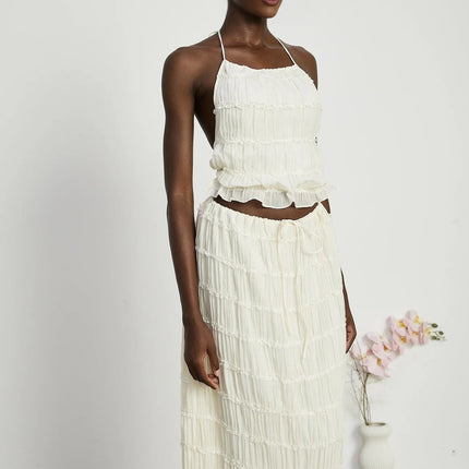 Alba White Terylene Pleated Halterneck Top and Ruffled Skirt Set