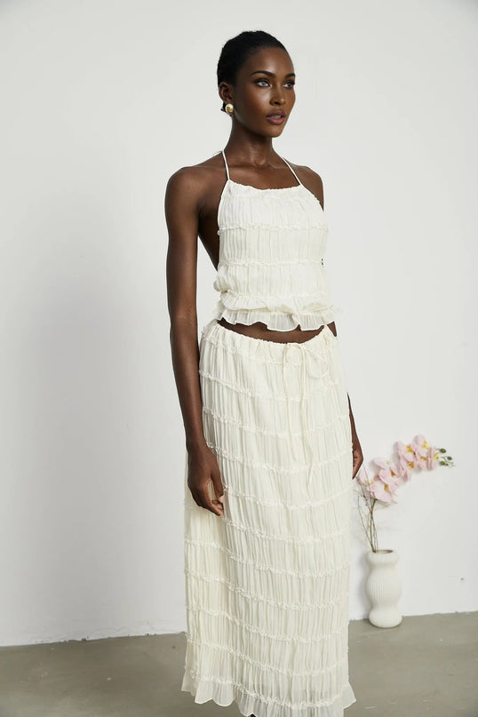 Alba White Terylene Pleated Halterneck Top and Ruffled Skirt Set