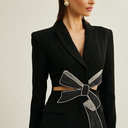 Alberta Black Wool Blend Blazer with Crystal Bow Detail
