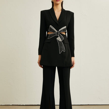Alberta Black Wool Blend Blazer with Crystal-Embellished Bow and Cut-Out Design
