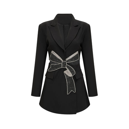 Alberta Black Wool Polyester Blazer with Crystal-Embellished Bow and Cut-Out Design