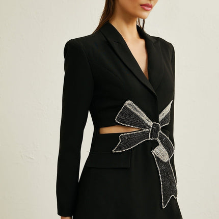 Alberta Black Wool Polyester Blazer with Crystal Embellished Bow and Cut-Out Design