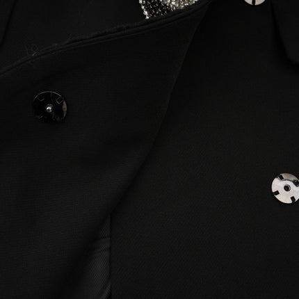 Alberta Black Wool Polyester Blazer Crystal Bow Cut-Out Design Buttoned Cuffs