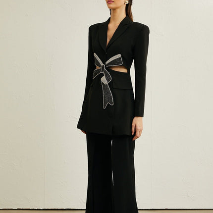 Alberta Black Wool Polyester Blazer Crystal Bow Shoulder Pads Cut-Out Design Buttoned Cuffs
