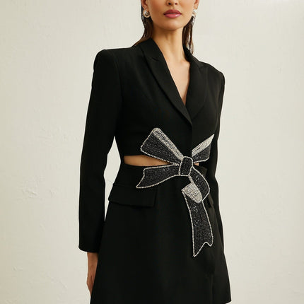 Alberta Black Wool Polyester Blazer with Crystal-Embellished Bow and Cut-Out Design